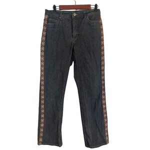 Coldwater Creek Jean 12 Black Denim Wide Leg Western Aztec Cowgirl Braid Hippie